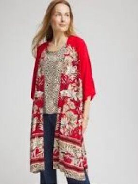 Chico’s Red Floral Kimono Cardigan XL Lightweight Rayon Boho Duster